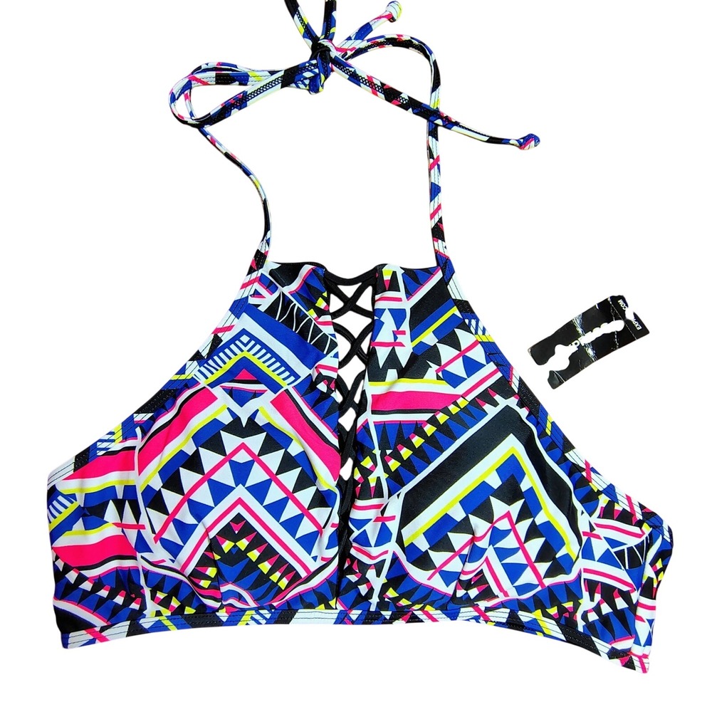 NWT Express Swim Bikini Top Geometric Print Crisscross Halter M bright